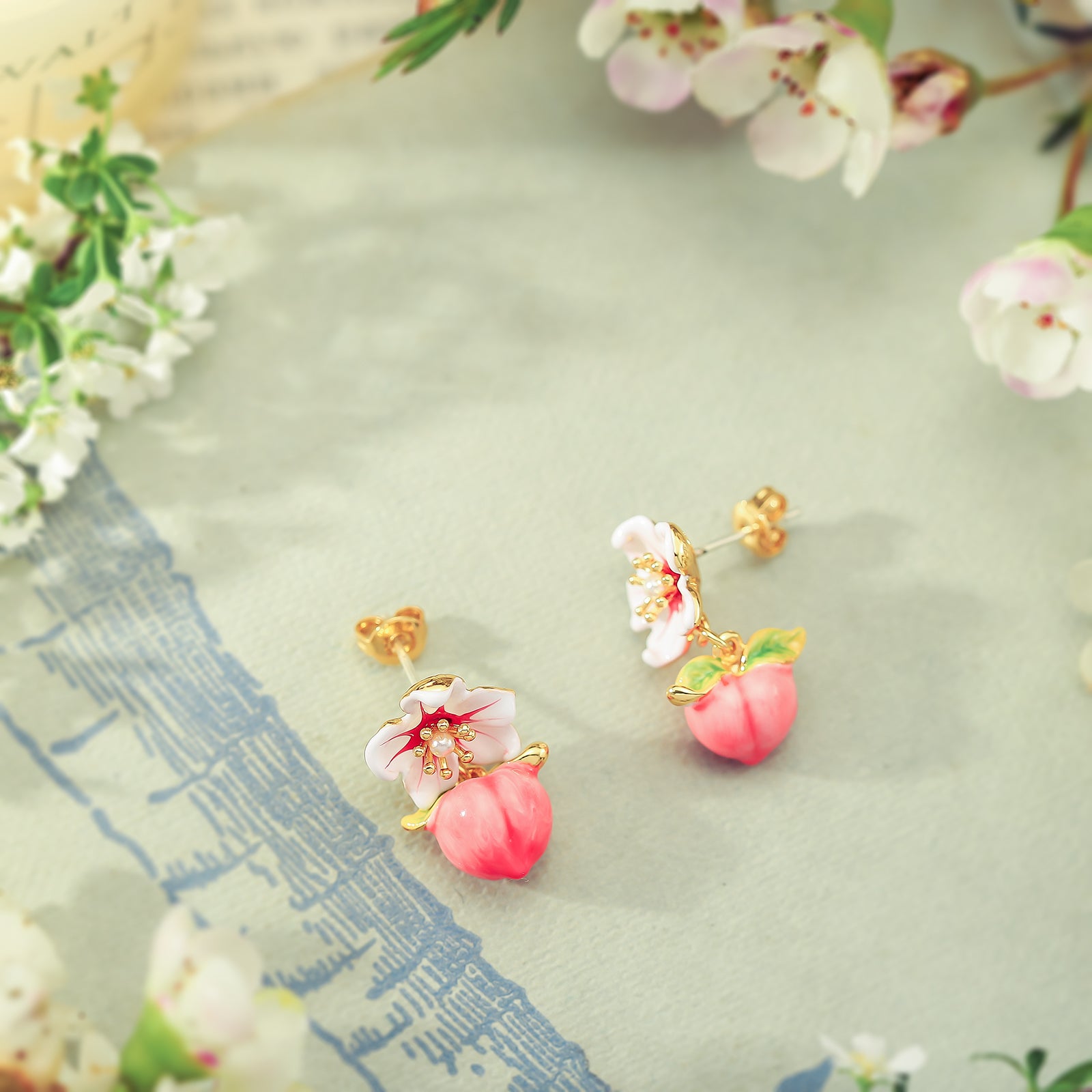 Peach Floral Enamel Fruit Earrings