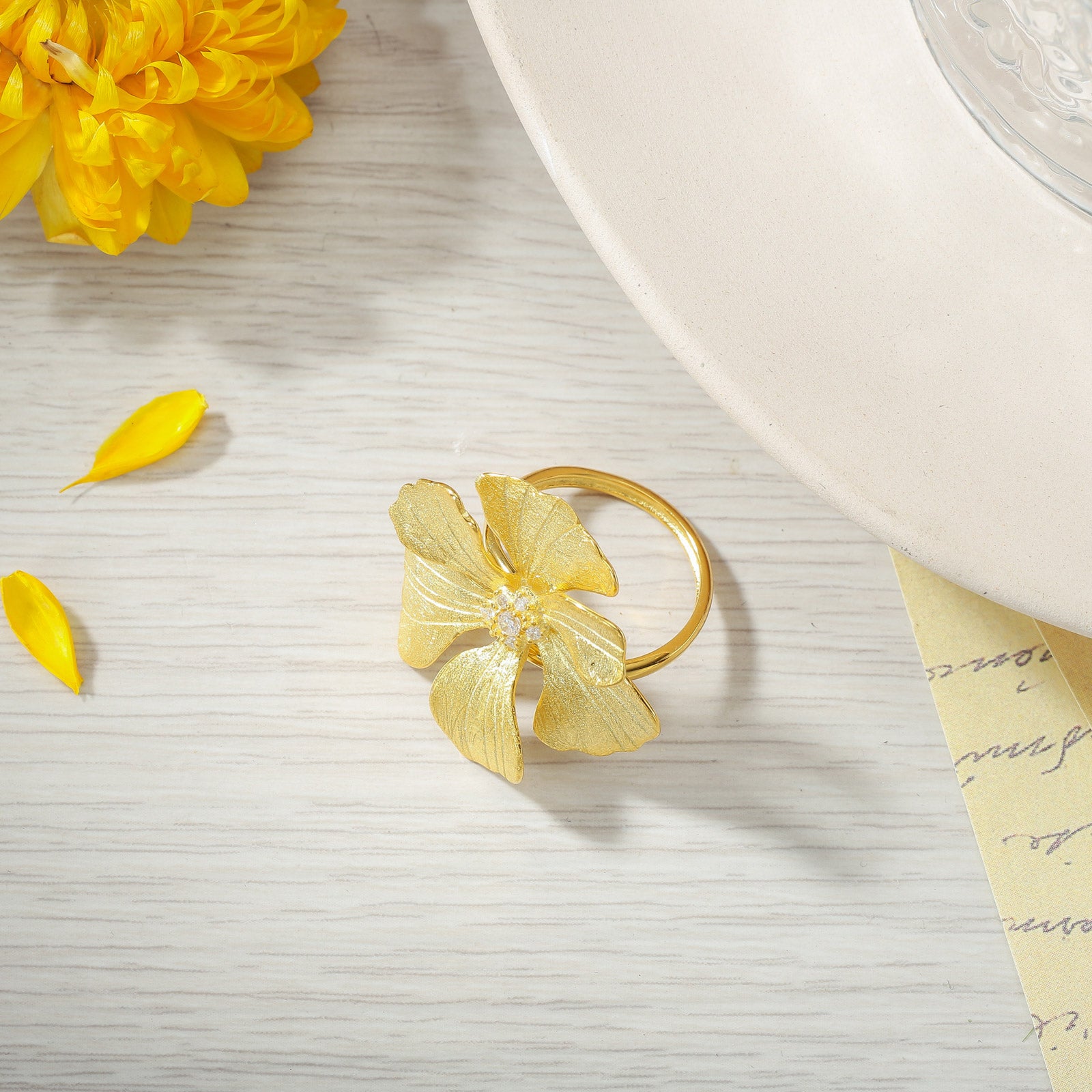 Selenichast Golden Peony Flower Engagement Ring