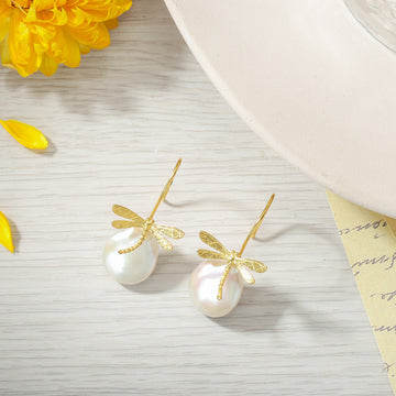 Selenichast Baroque Pearl Dragonfly Dangling Earrings
