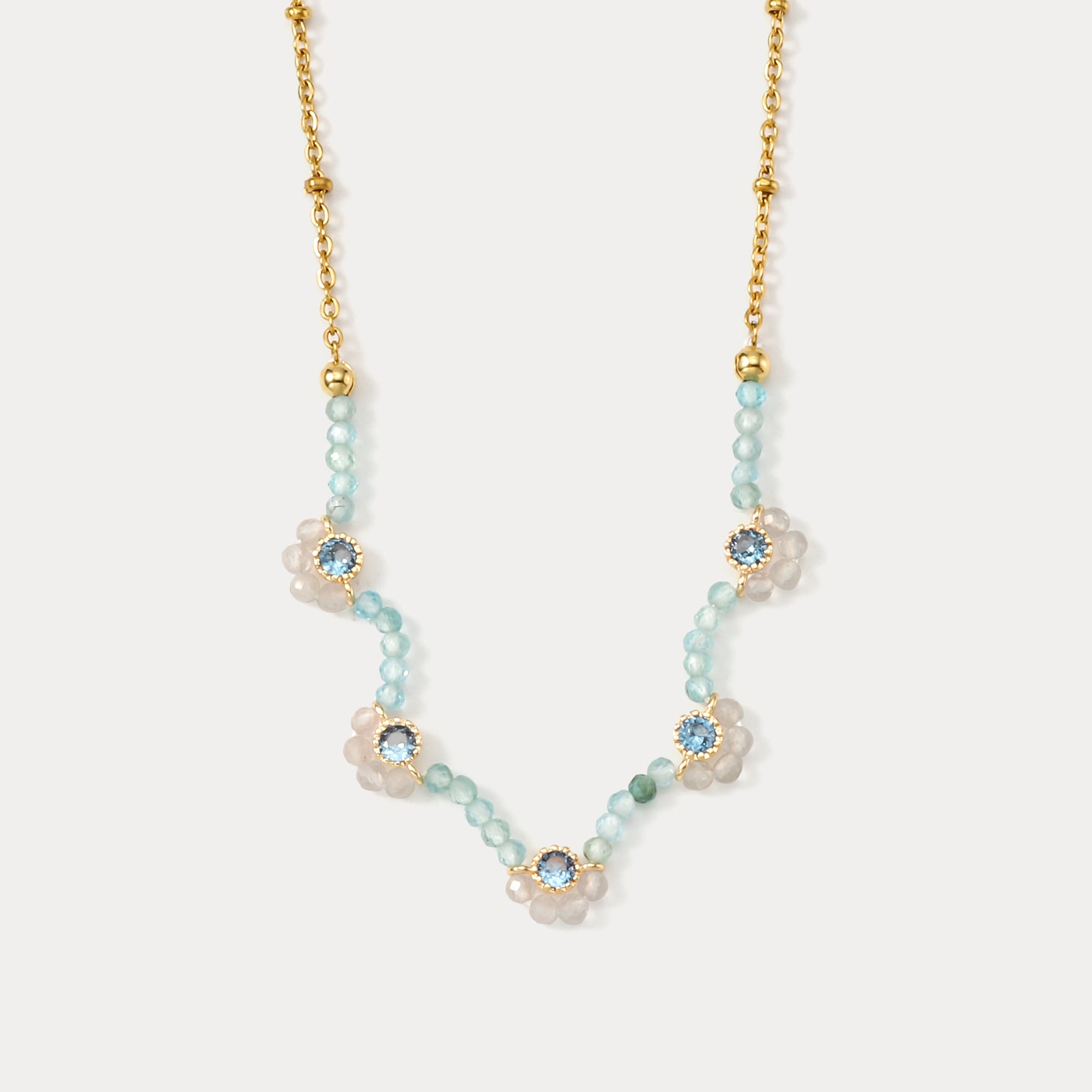 Selenichast Aquamarine Flower Beaded Necklace