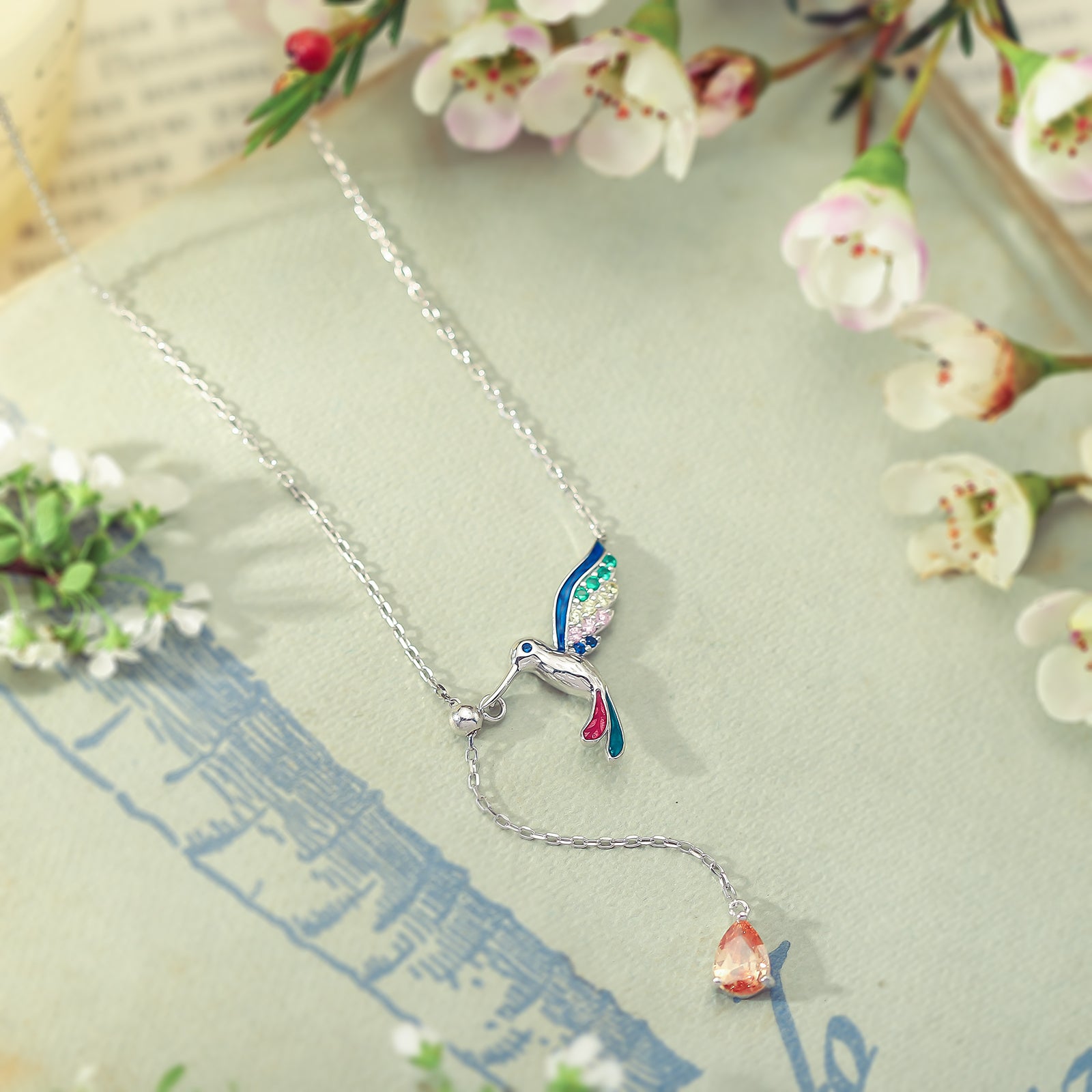 Colorful Silver Hummingbird Necklace