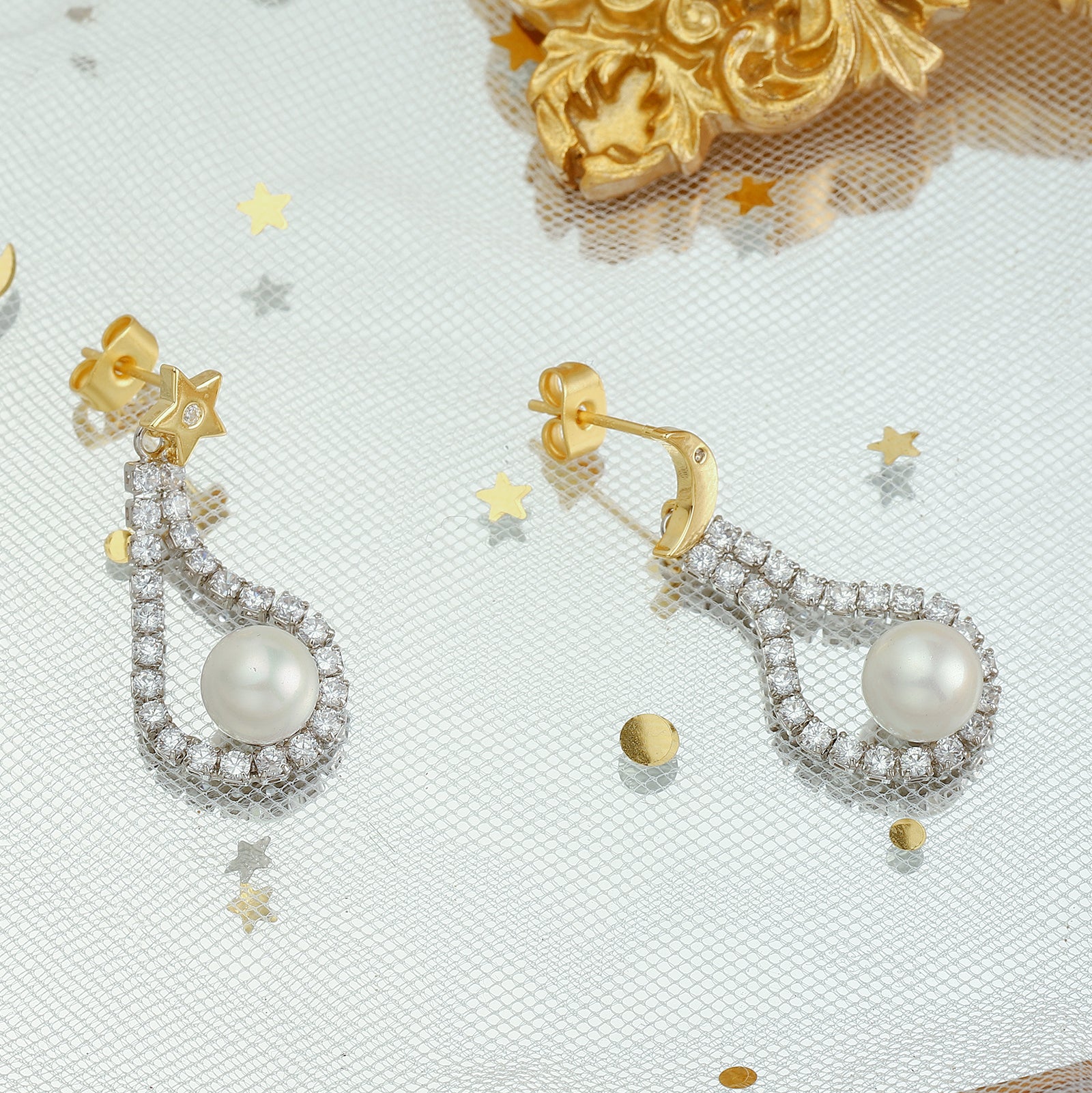 Moon Star Pearl Dangling Earrings