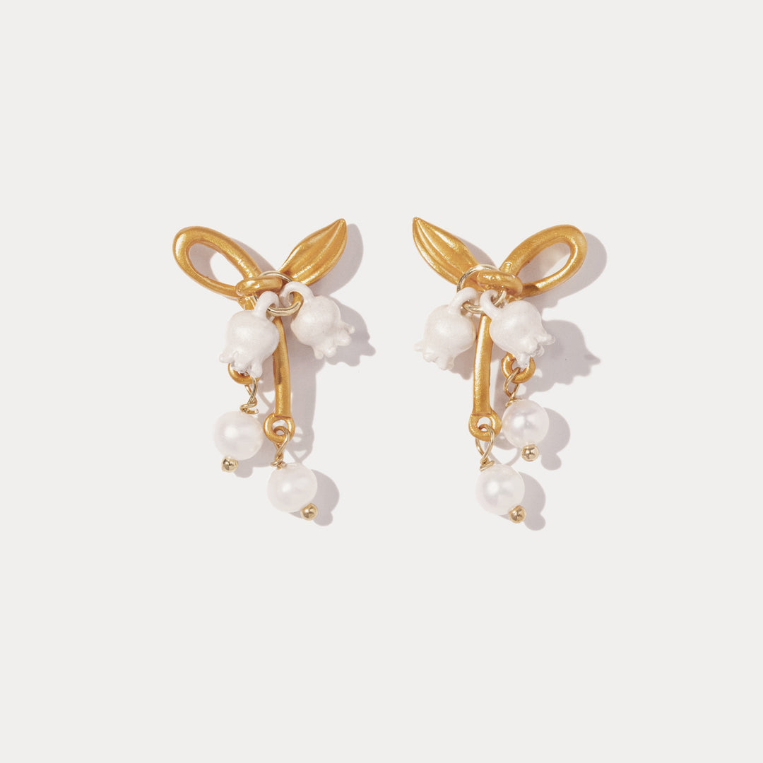 Lily of the Valley Gold Bow Earrings