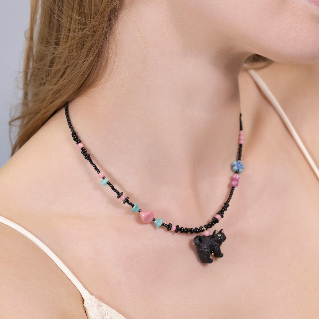 Black Cat Beaded Necklace Cat Jewelry