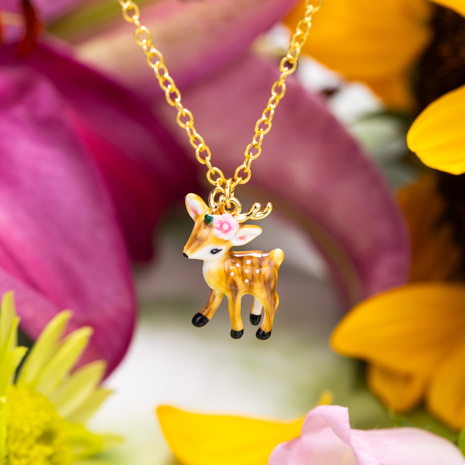 Selenichast Enamel Deer 18K Gold On Brass Pendant Necklace Animal