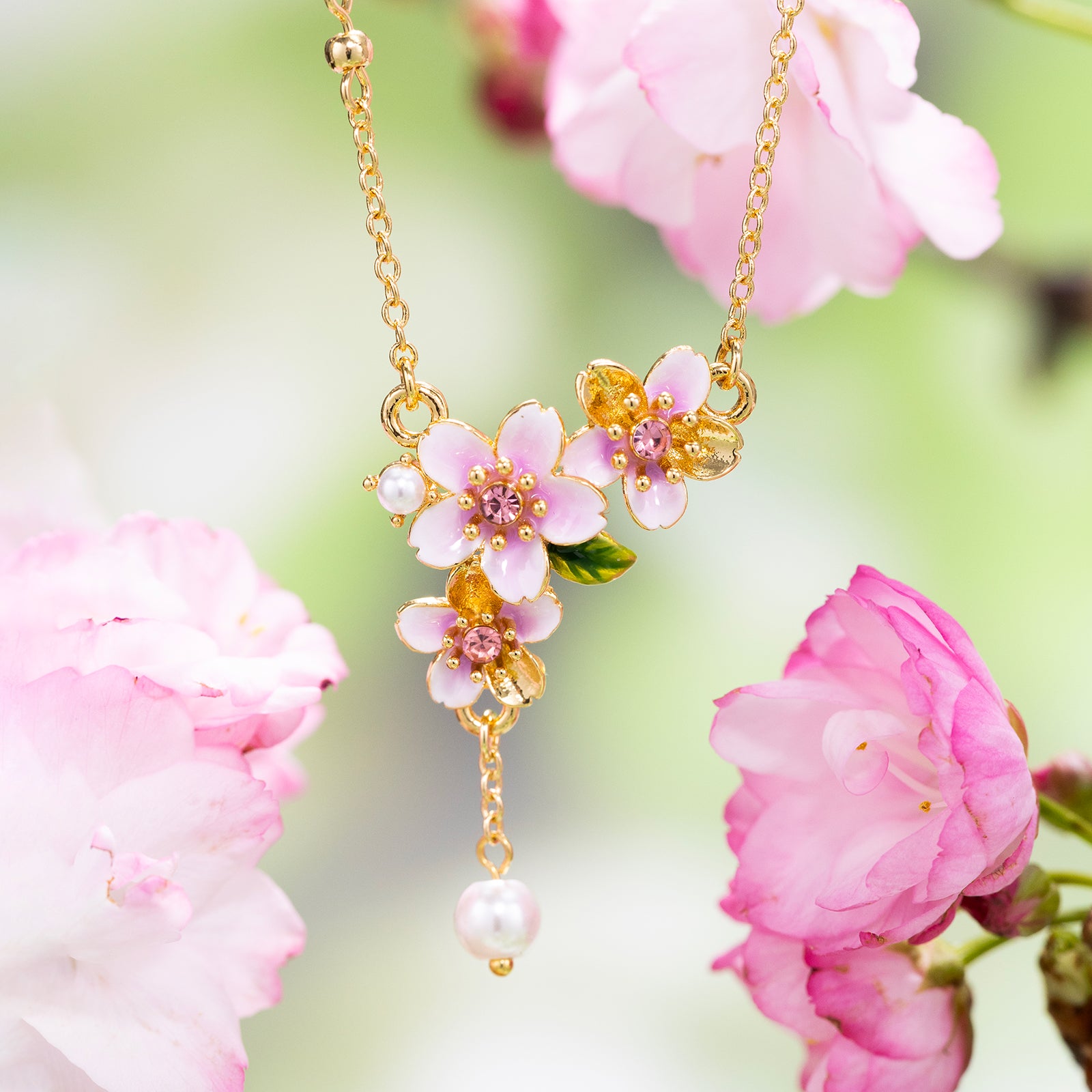 Selenichast 18K Gold Sakura Enamel Necklace Nature Flower Blossom