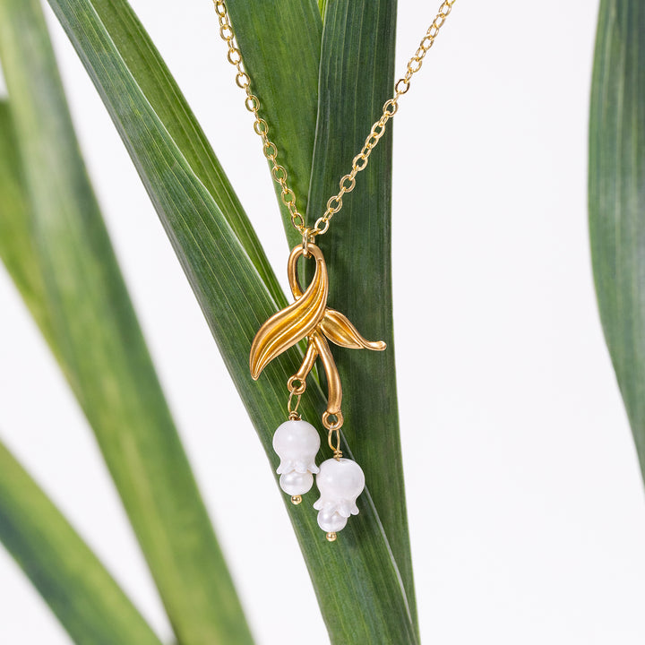 Gold Lily of the Valley Leaf Necklace 18K Gold Jewelry