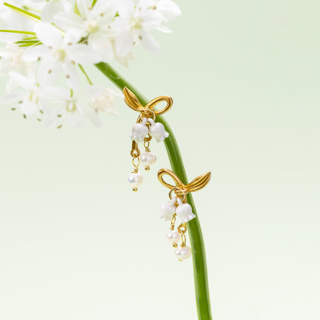 Lily of the Valley Gold Bow Earrings 18K Gold Jewelry