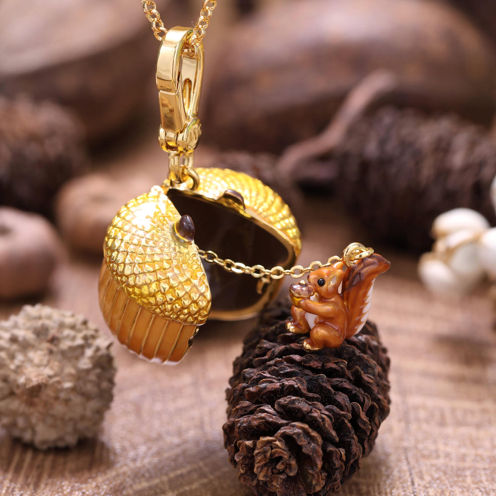 Squirrel with Acorn Locket Necklace 18K Gold Jewelry