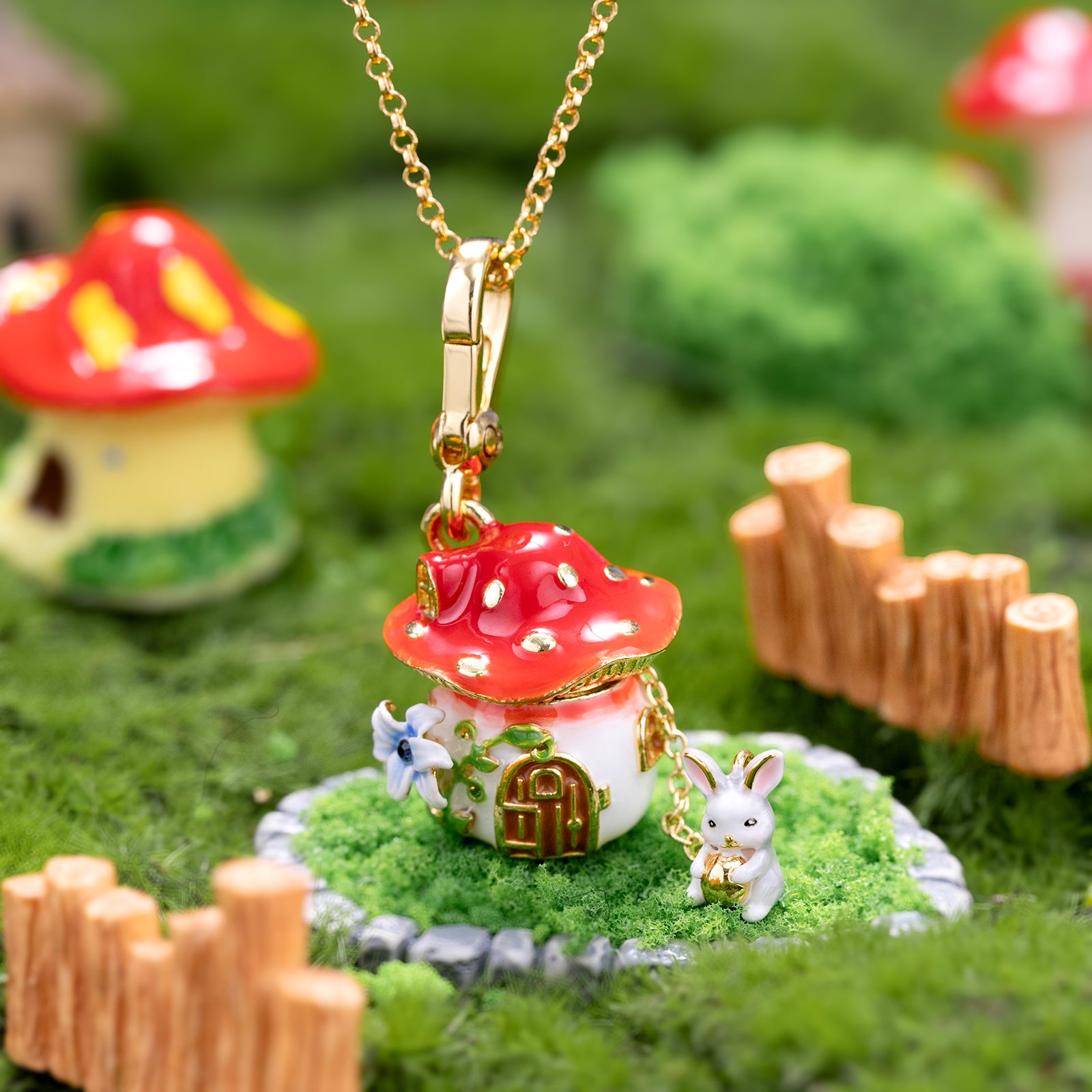 Selenichast Rabbit Mushroom Locket Necklace 18K Gold Jewelry