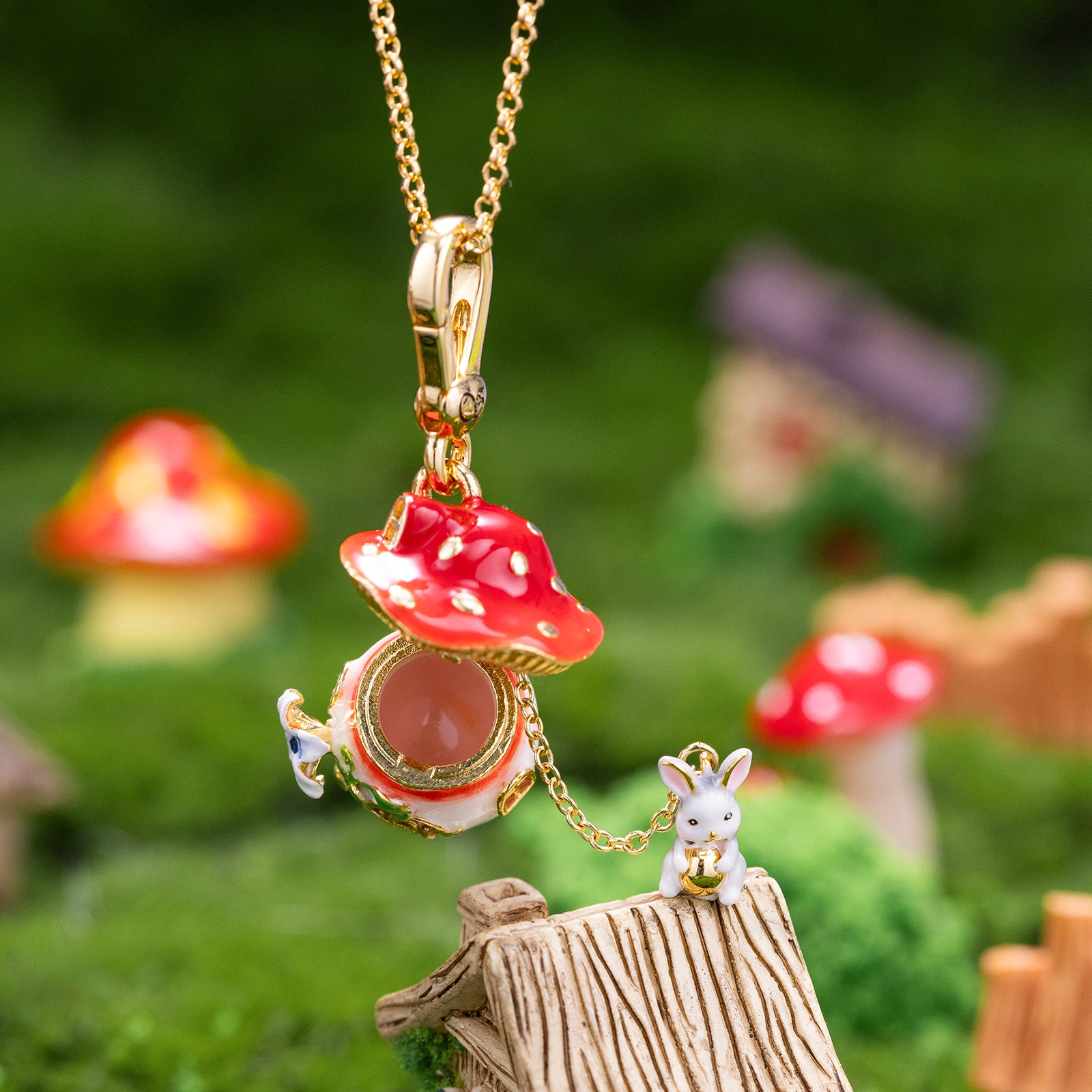 Selenichast Rabbit Mushroom Locket Necklace  Enamel Jewelry