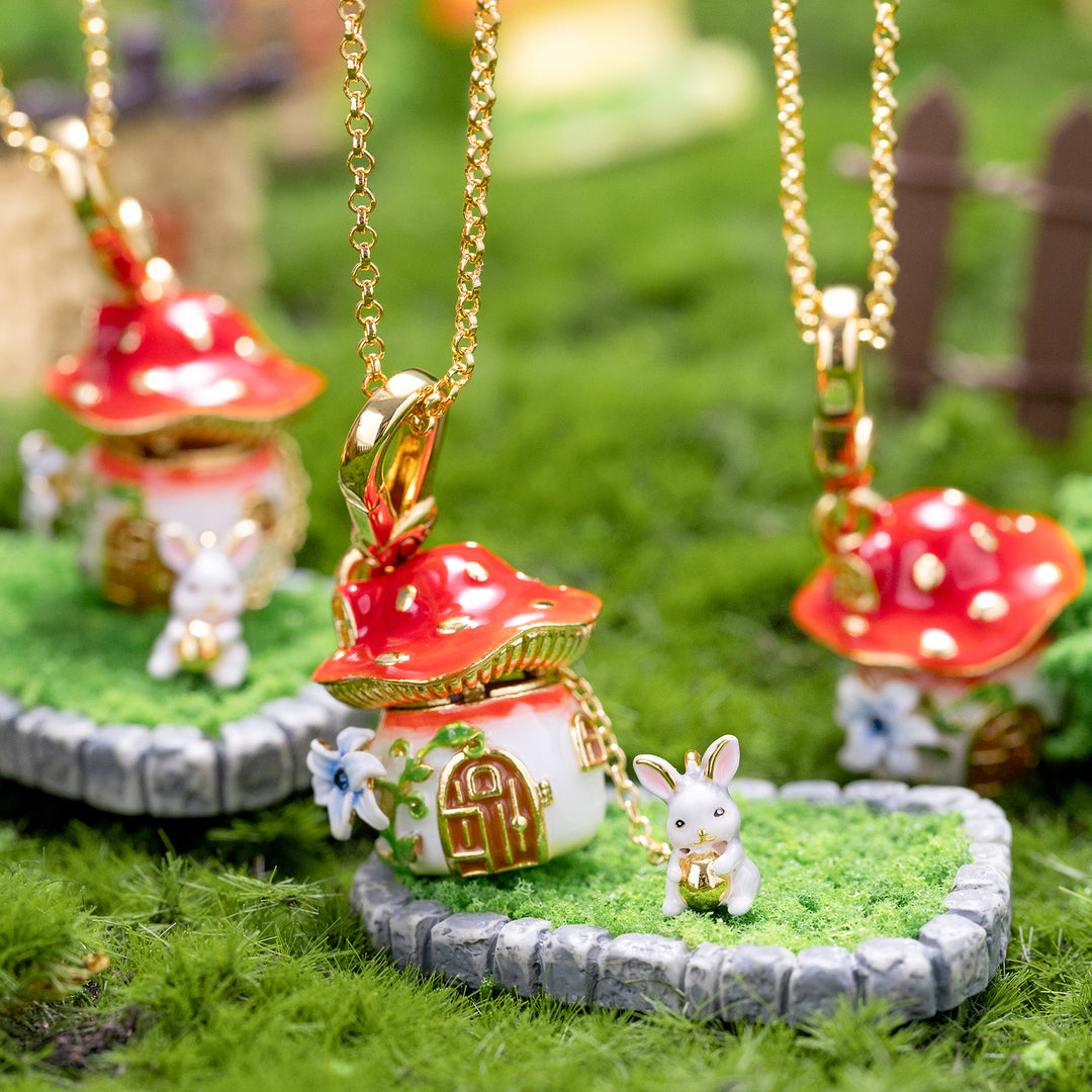 Selenichast Rabbit Mushroom Locket Necklace Enamel jewelry