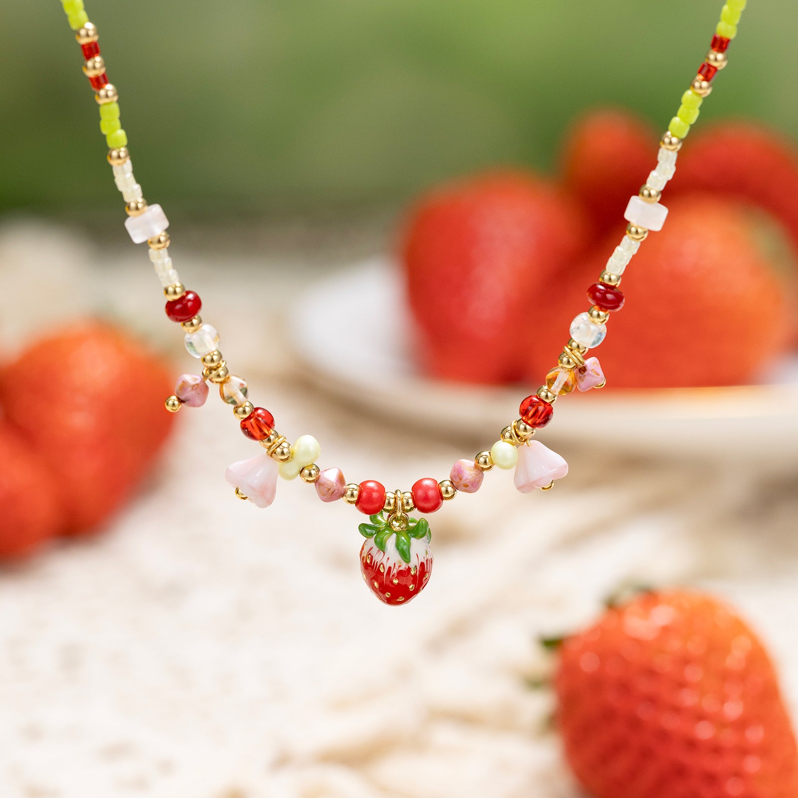 Selenichast Strawberry Charm Necklace Beaded Jewelry