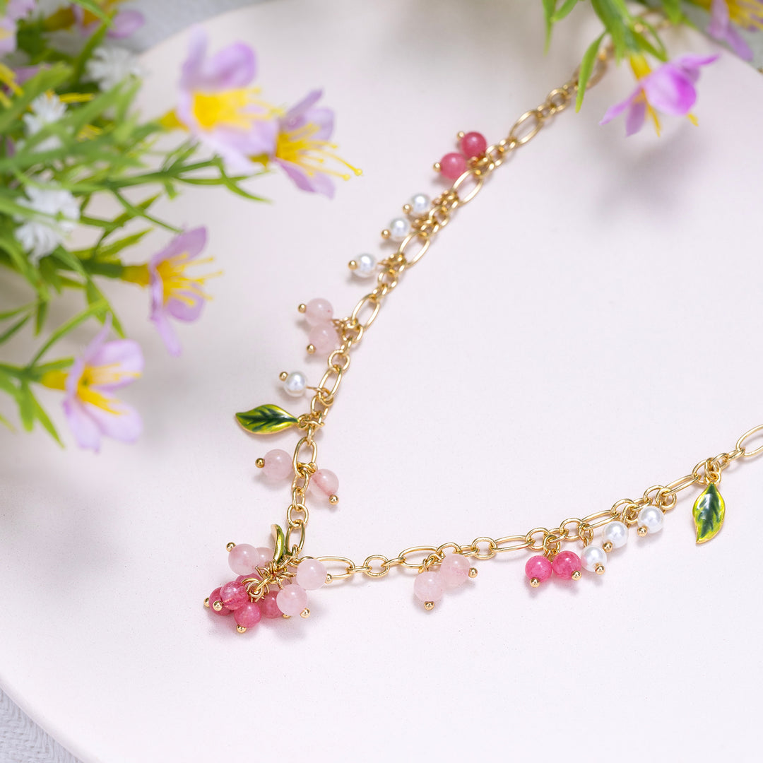 Selenichast Pink Berry Gold Charm Necklace Eamel Jewelry