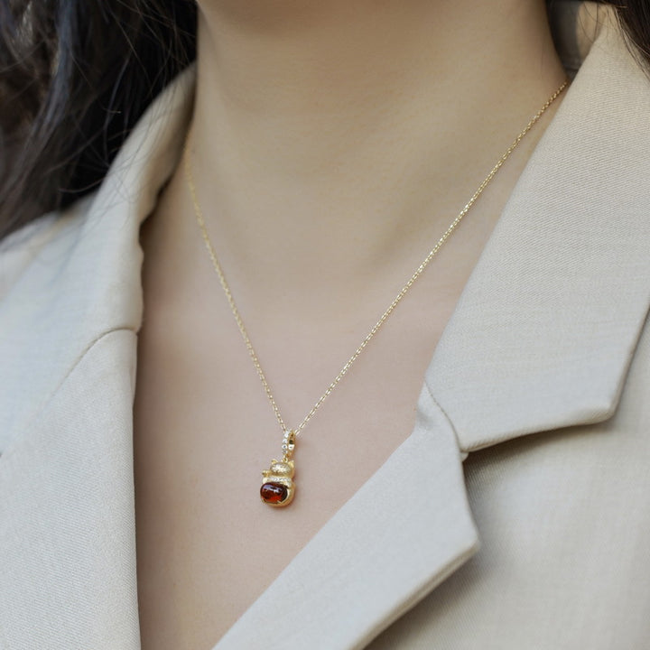 Fortune Cat Garnet Necklace