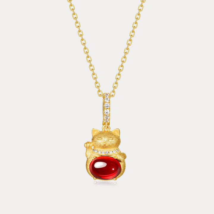 Fortune Cat Garnet Necklace