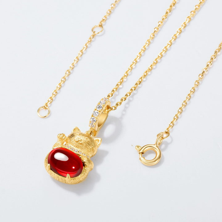 Fortune Cat Garnet Necklace