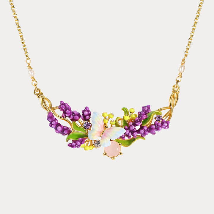 Lavender Butterfly Necklace with Pink Crystal