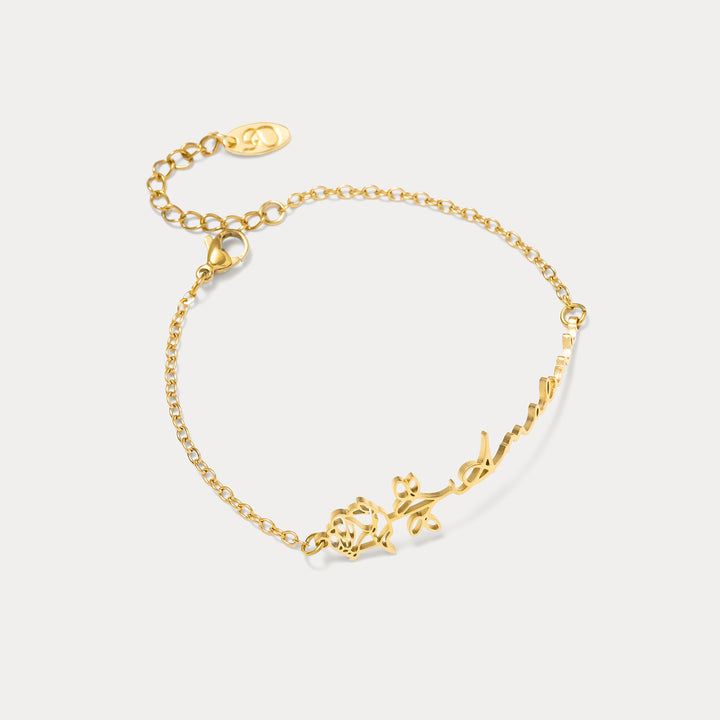 Selenichast Adjustable Gold Birth Flower Name Bracelet with Custom Floral Motif