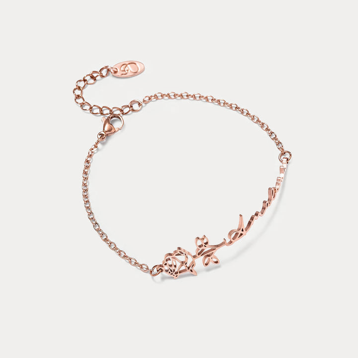 Selenichast Adjustable Rose Gold Name Bracelet with Birth Month Flower Motif
