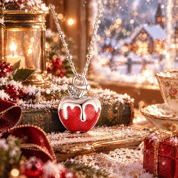 A silver locket necklace with a heart-shaped pendant filled with red glitter and white dripping icing, displayed in a festive holiday setting with candles, books, snow, and a teacup.