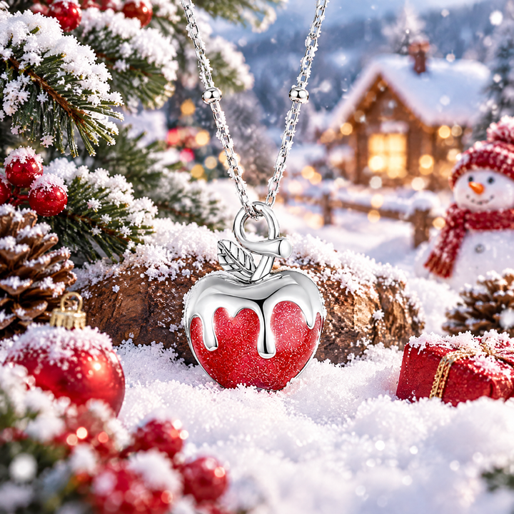 A silver apple-shaped pendant necklace with a glittery red center and silver dripping detail, hanging in a snowy Christmas scene with pine branches, ornaments, and a cozy house in the background.