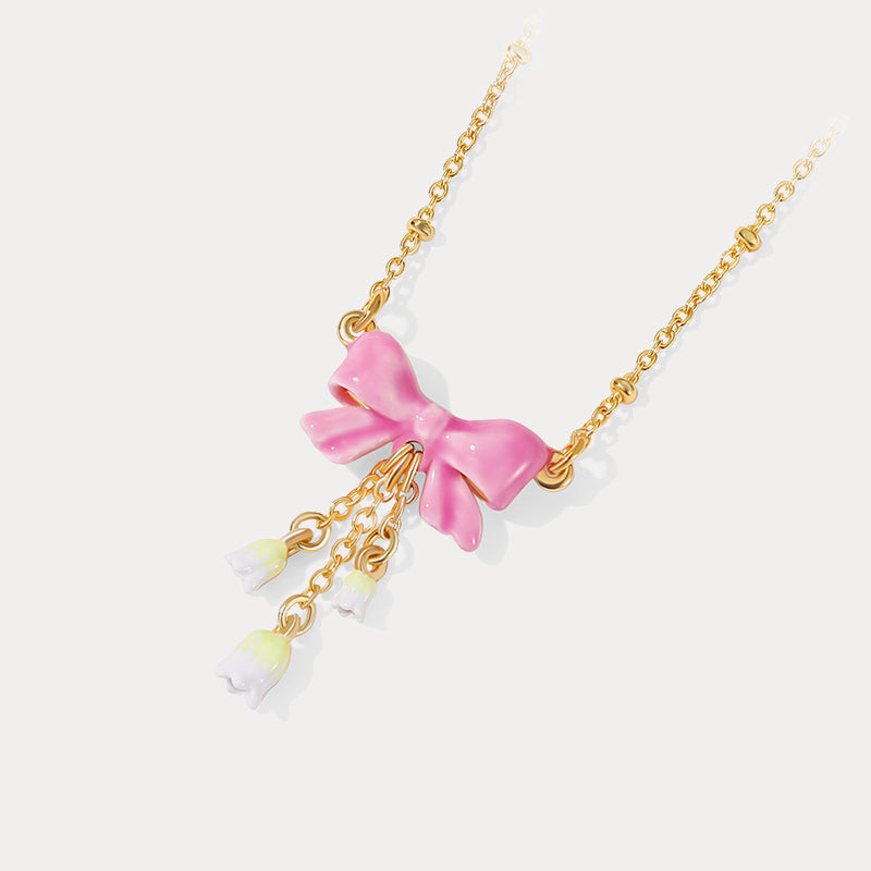 Lily Of The Valley Pink Bowknot Necklace