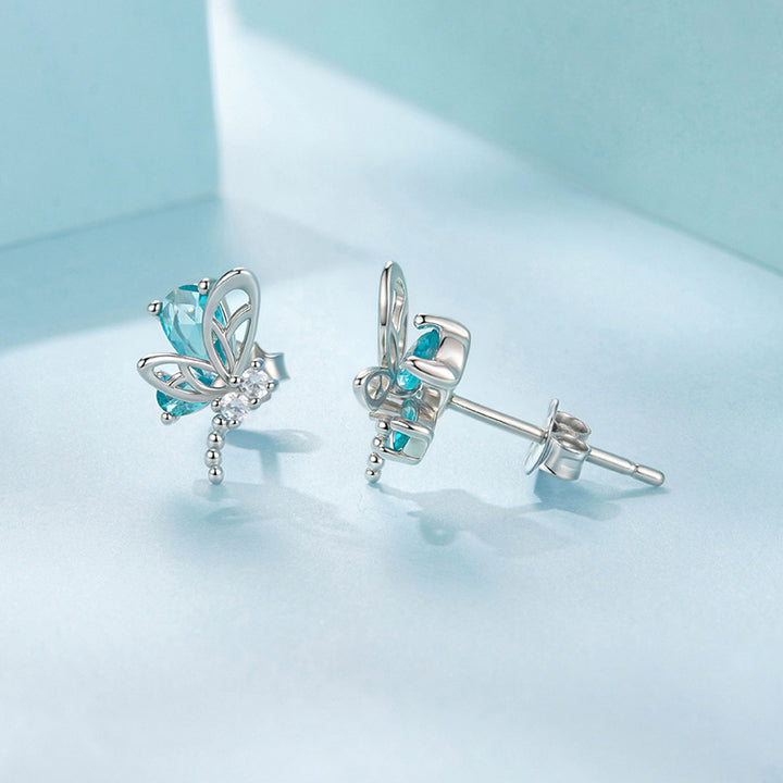 Selenichast Blue Butterfly Stud Earrings with Rhodium Finish