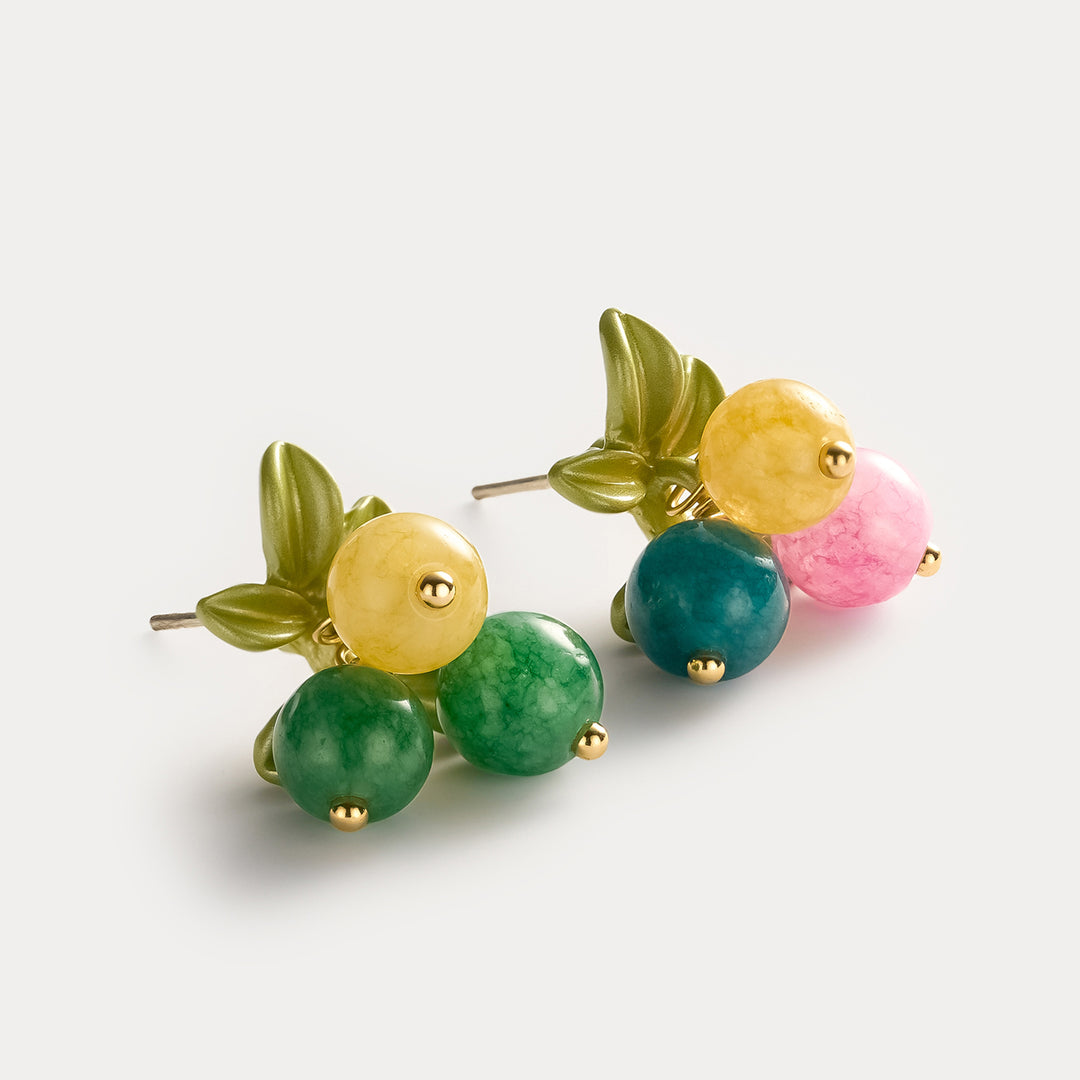 Selenichast Botanical Multi Berry Stud Earrings with Pink Green and Yellow Beads