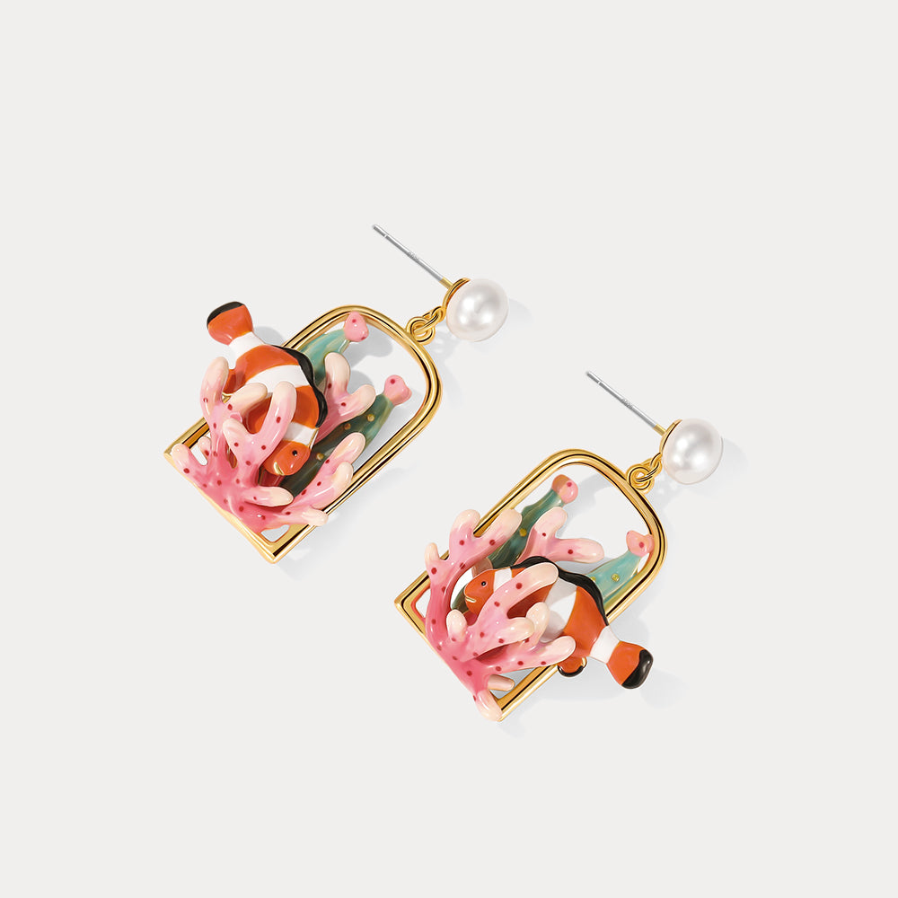 Coral Clownfish Gold Earrings