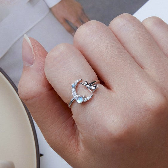 Selenichast Adjustable Moon Cat Ring Styled on Finger