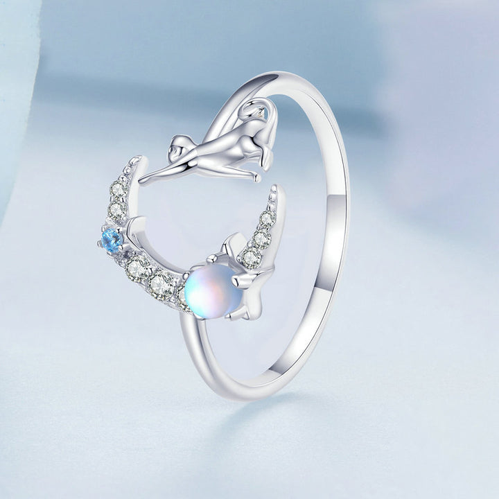 Selenichast Celestial Cat Ring with Crescent Moon and Blue Accent