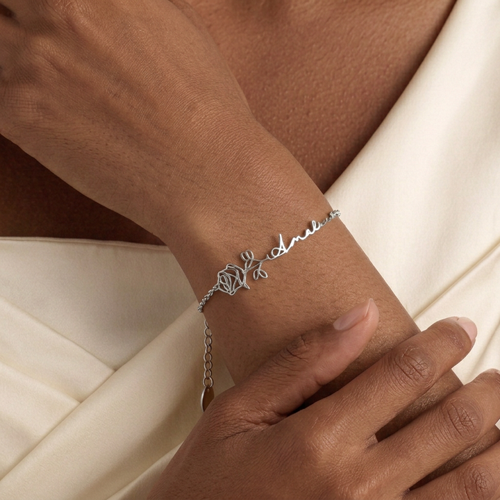 Selenichast Custom Flower Name Bracelet with Silver Chain and Birth Month Design