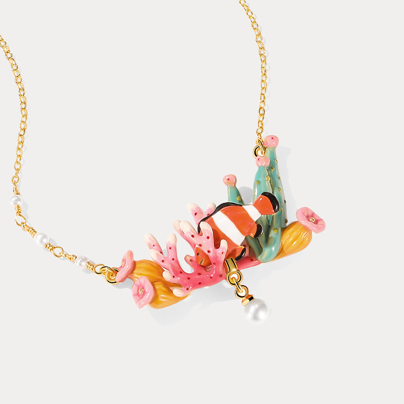 Selenichast Coral Clownfish Necklace For Women, Enamel Necklace, Ocean