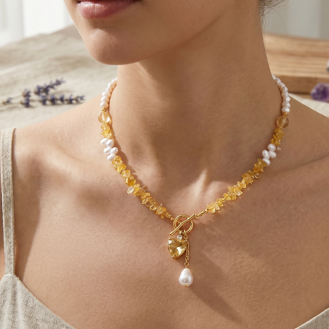 Citrine Heart Pearl Necklace