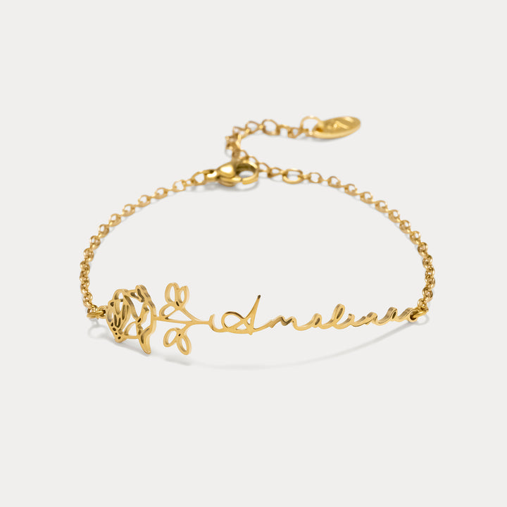 Selenichast Gold Birth Flower Personalized Name Bracelet with Custom Script Name