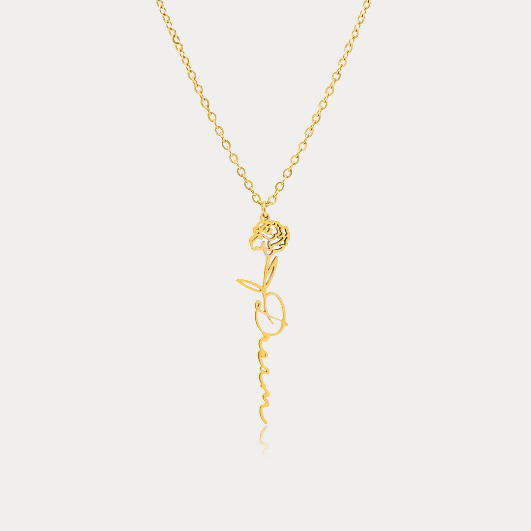 Selenichast Gold Birth Flower Personalized Name Necklace with Custom Script Name