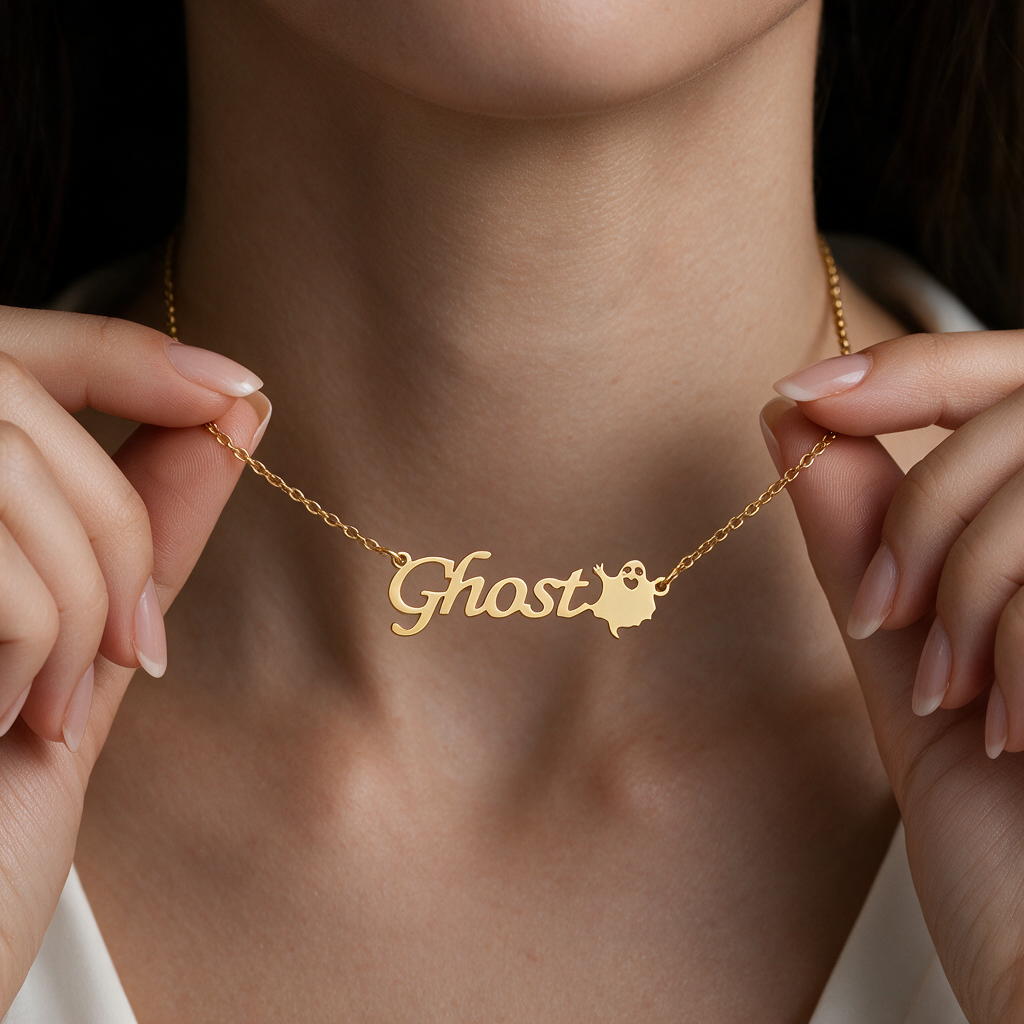 Selenichast Custom Ghost Name Necklace for Women Worn at Neckline