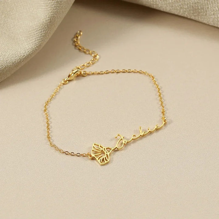 Selenichast Personalized Gold Floral Name Bracelet with Birth Flower Design