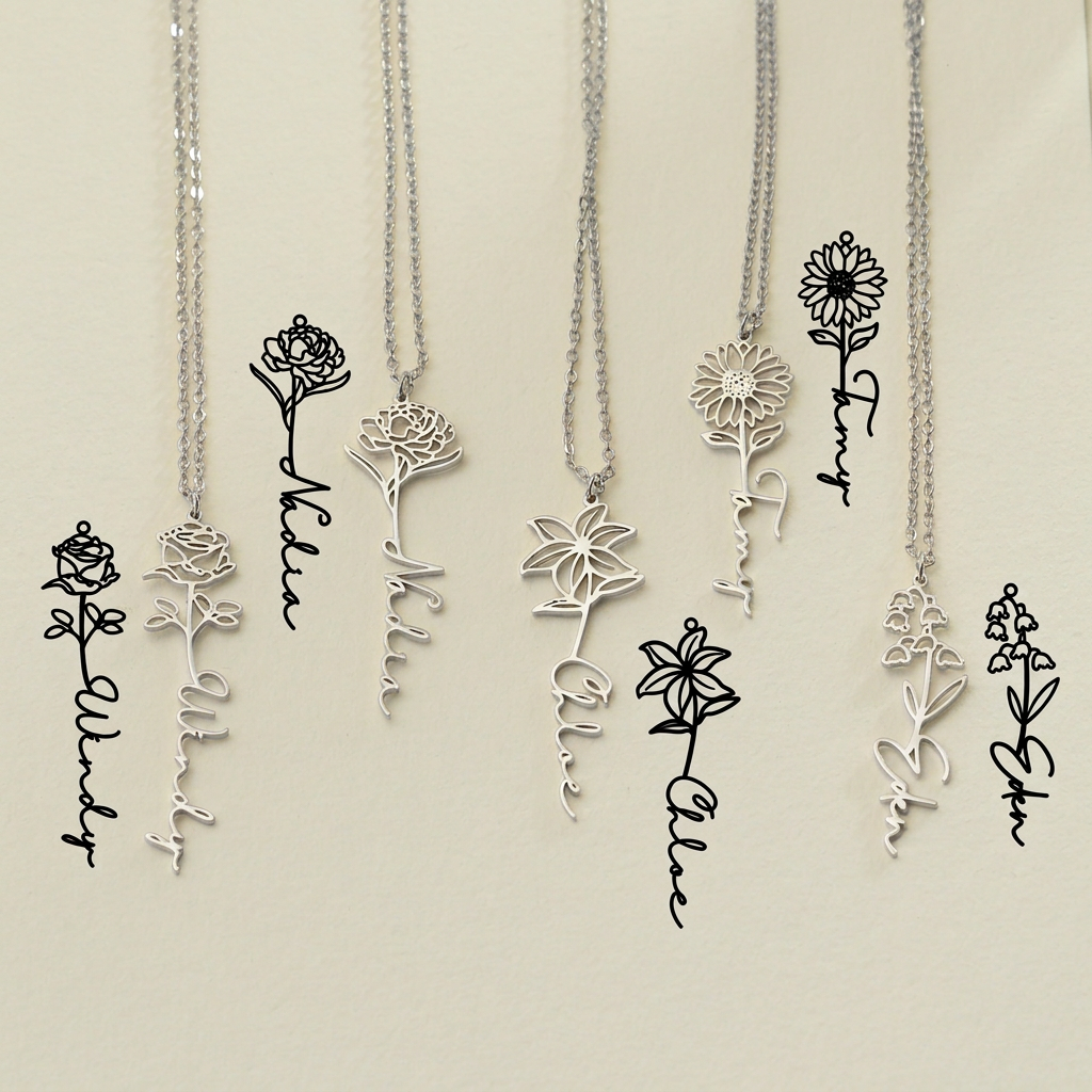 Selenichast Personalized Silver Floral Necklaces with Birth Month Flower Motifs
