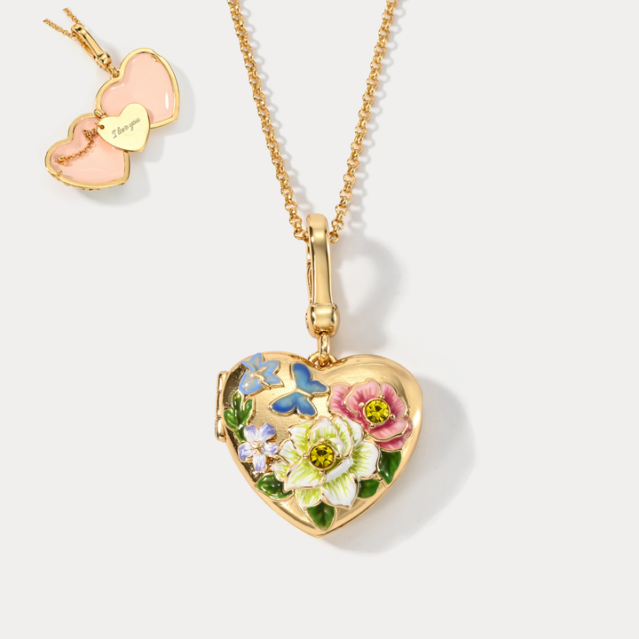 Selenichast Flower Heart Shaped Locket Necklace