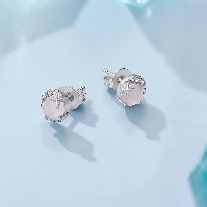 Selenichast Sterling Silver Rose Quartz Stud Earrings with Celestial Details