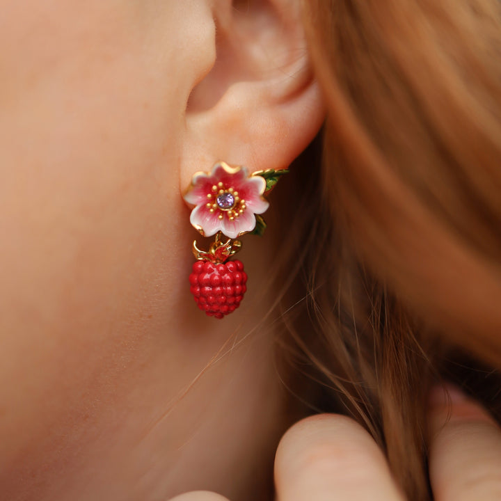 Raspberry Flower Enamel Earrings