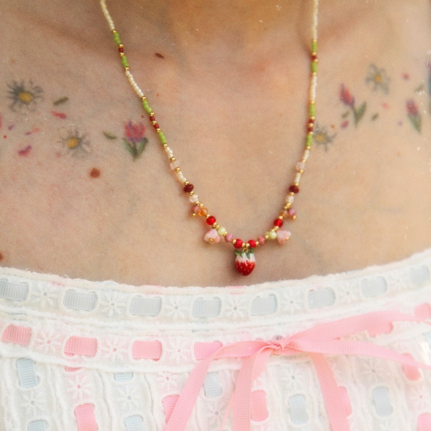 Czech Bead Strawberry Charm Necklace Selenichast