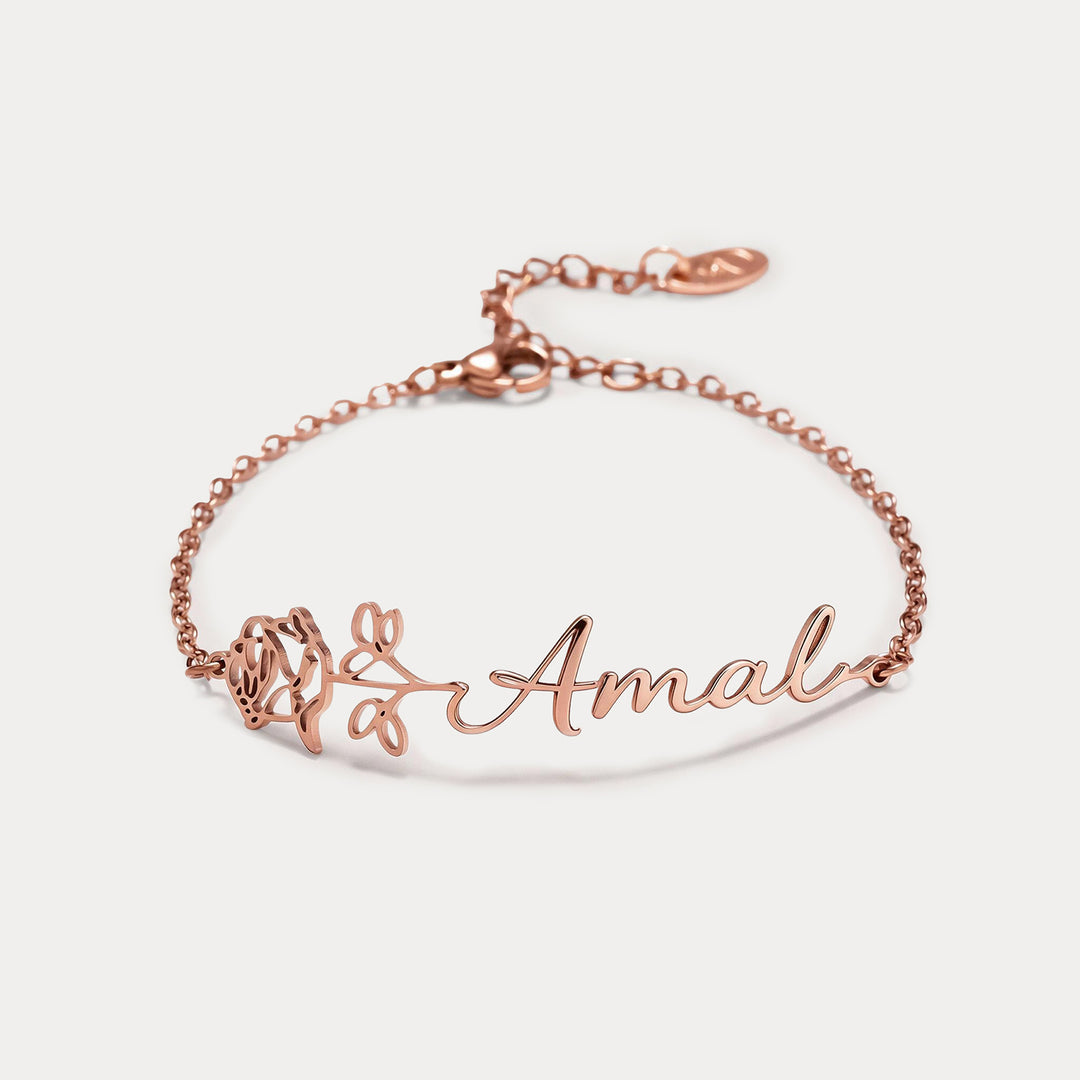 Selenichast Rose Gold Birth Flower Personalized Name Bracelet with Custom Script Name