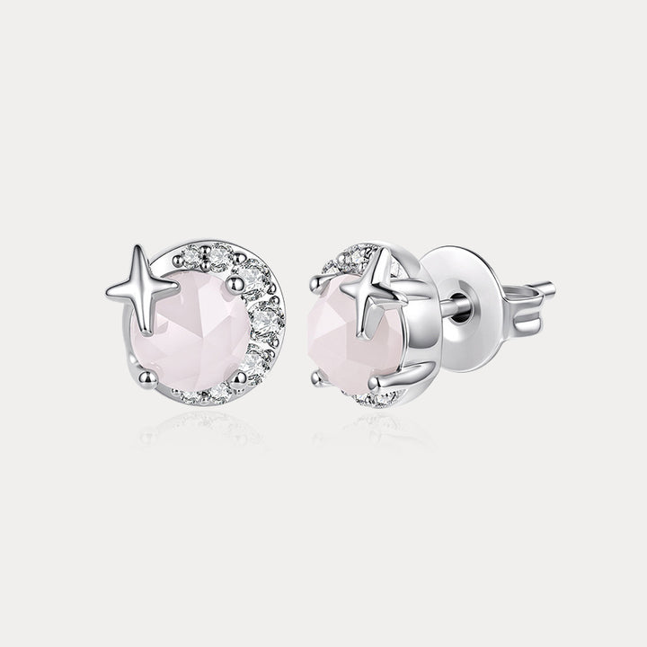 Selenichast Rose Quartz Moon and Star Stud Earrings in 925 Sterling Silver