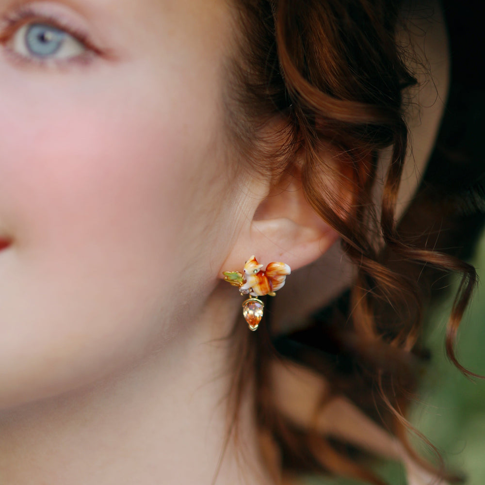 Squirrel Diamond Acorn Leaf Earrings