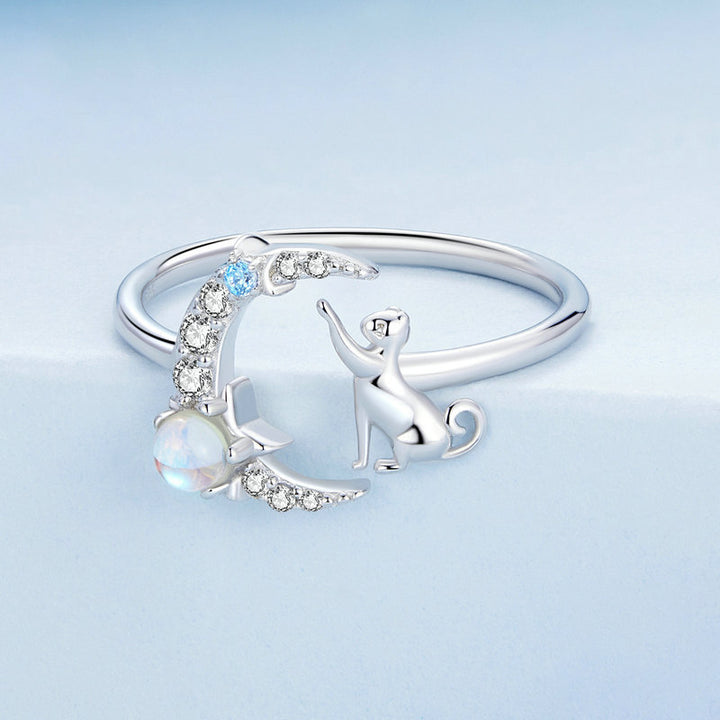 Selenichast 925 Sterling Silver Cat and Moon Adjustable Ring