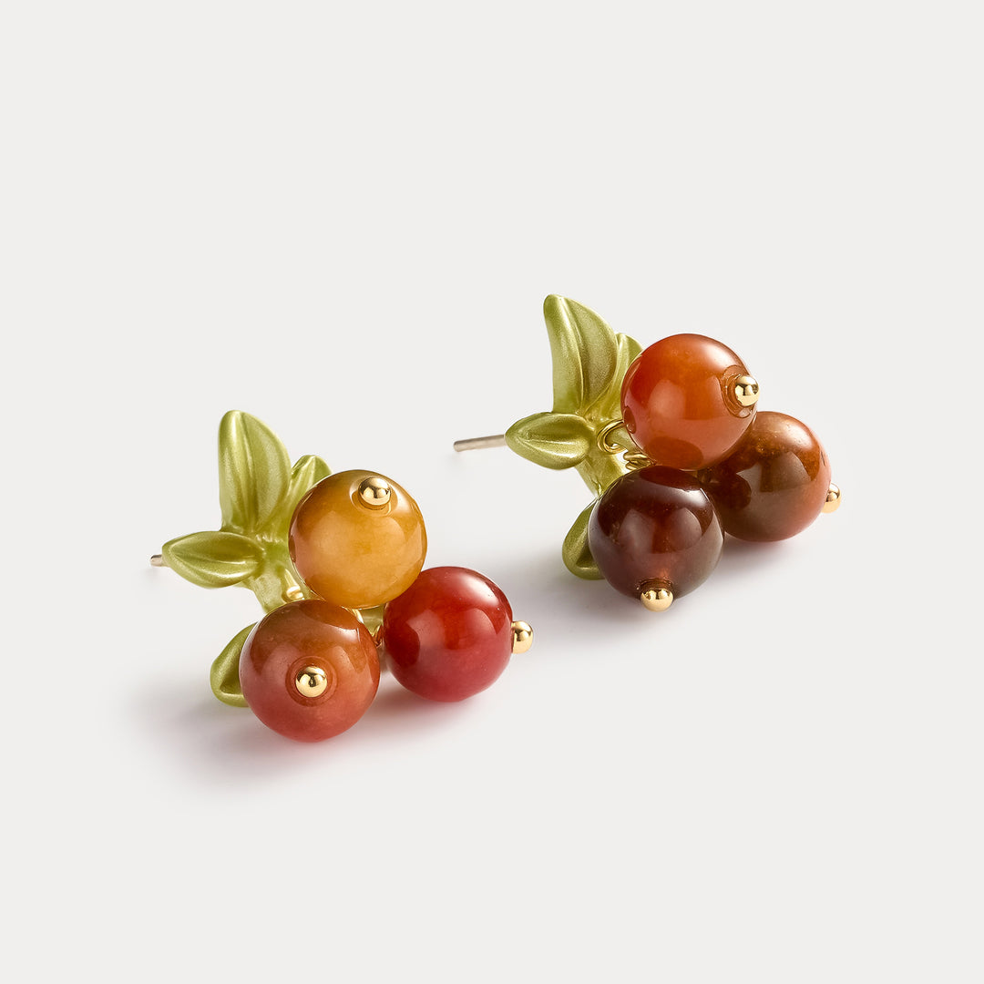 Selenichast Autumn Berry Stud Earrings with Amber Red Beads and Green Leaves