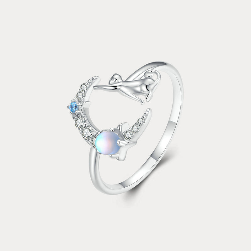 Selenichast Silver Cat and Moon Ring with Celestial Crescent Detail